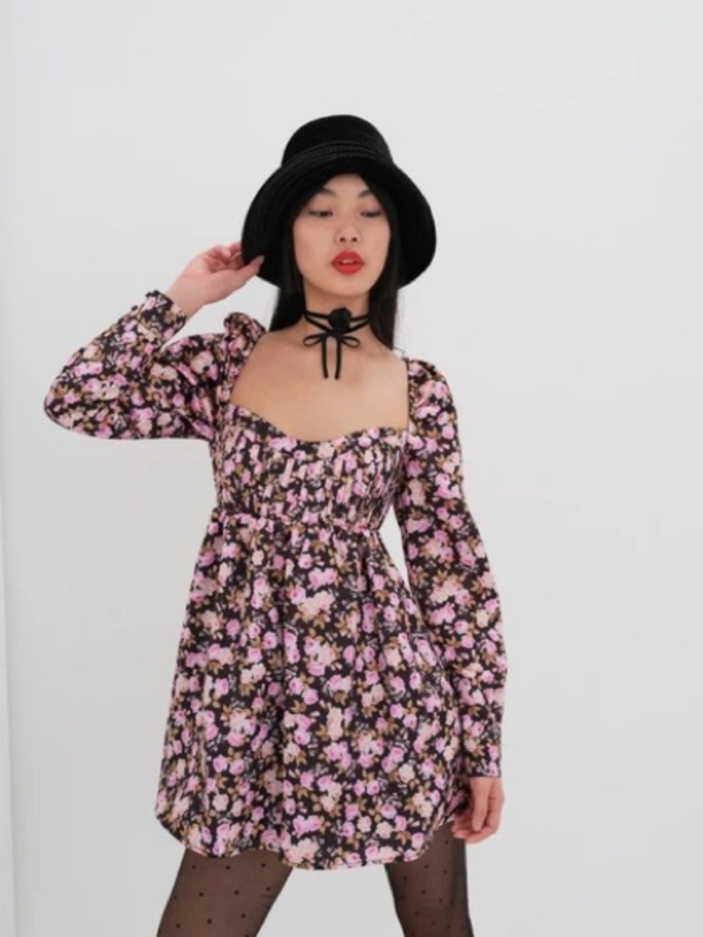 For Love & Lemons Kate Long Sleeve Mini Dress Black Floral Size Medium 57300